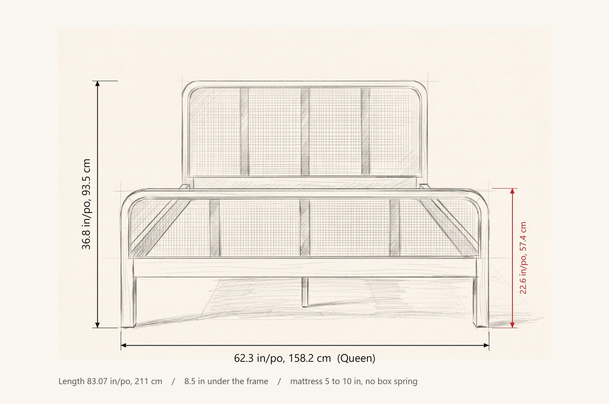 Certaldo bed dimensions: Queen 62.3 in wide, 36.8 in high, footboard 22.6 in, 83.07 in long