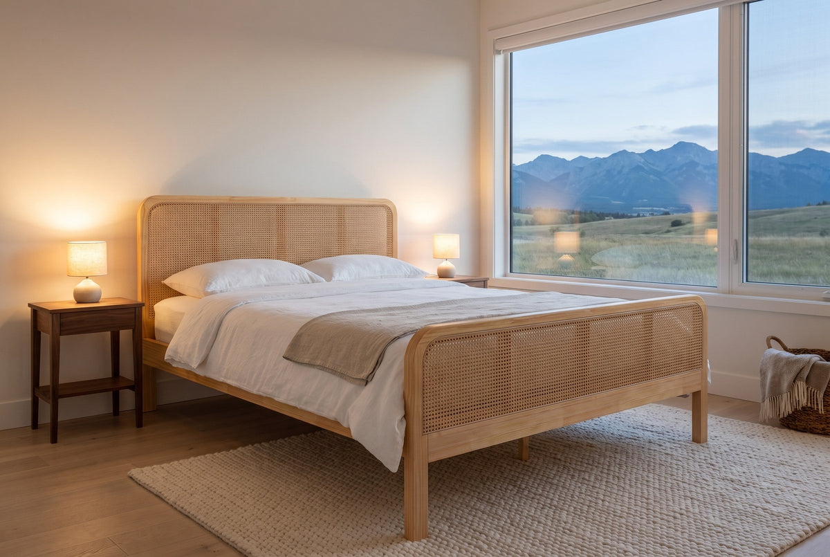 Certaldo cane bed at dusk in a bedroom with a mountain view and two lamps lit