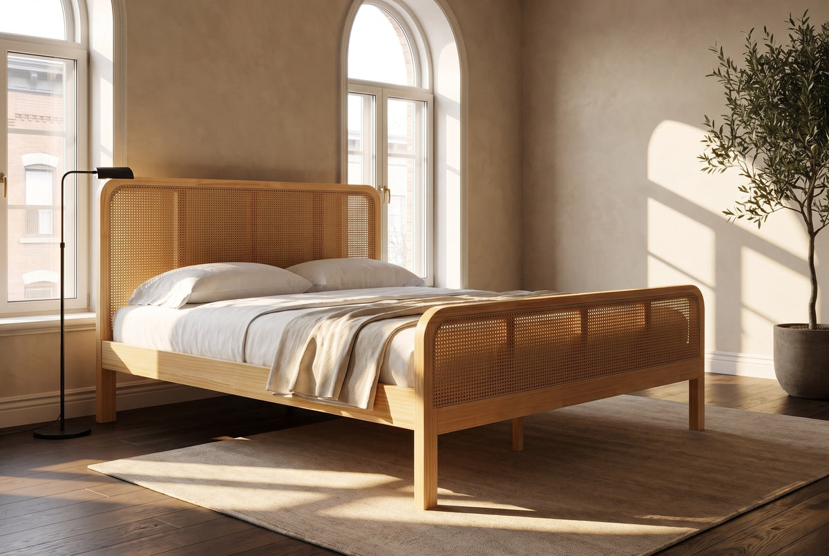 Certaldo cane bed in an apartment with tall arched windows and late-afternoon sun across the floor