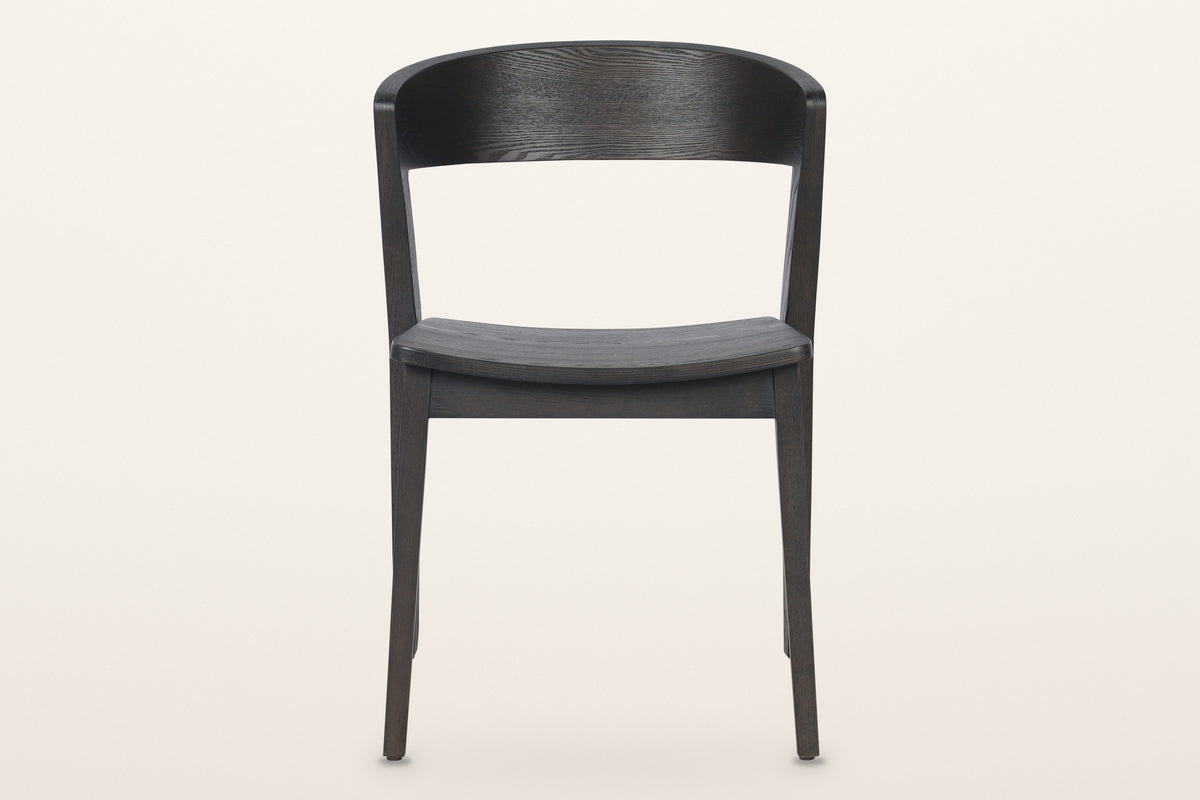Certosa dining chair in mocha, straight front: the curved back band, the dished seat and four tapered legs