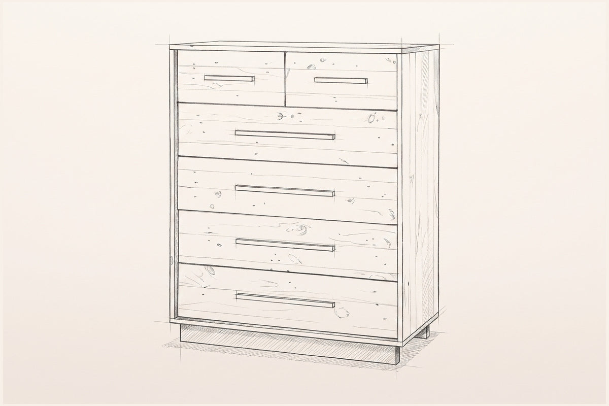 Pencil sketch of the Cervinia 6-drawer chest, three-quarter view