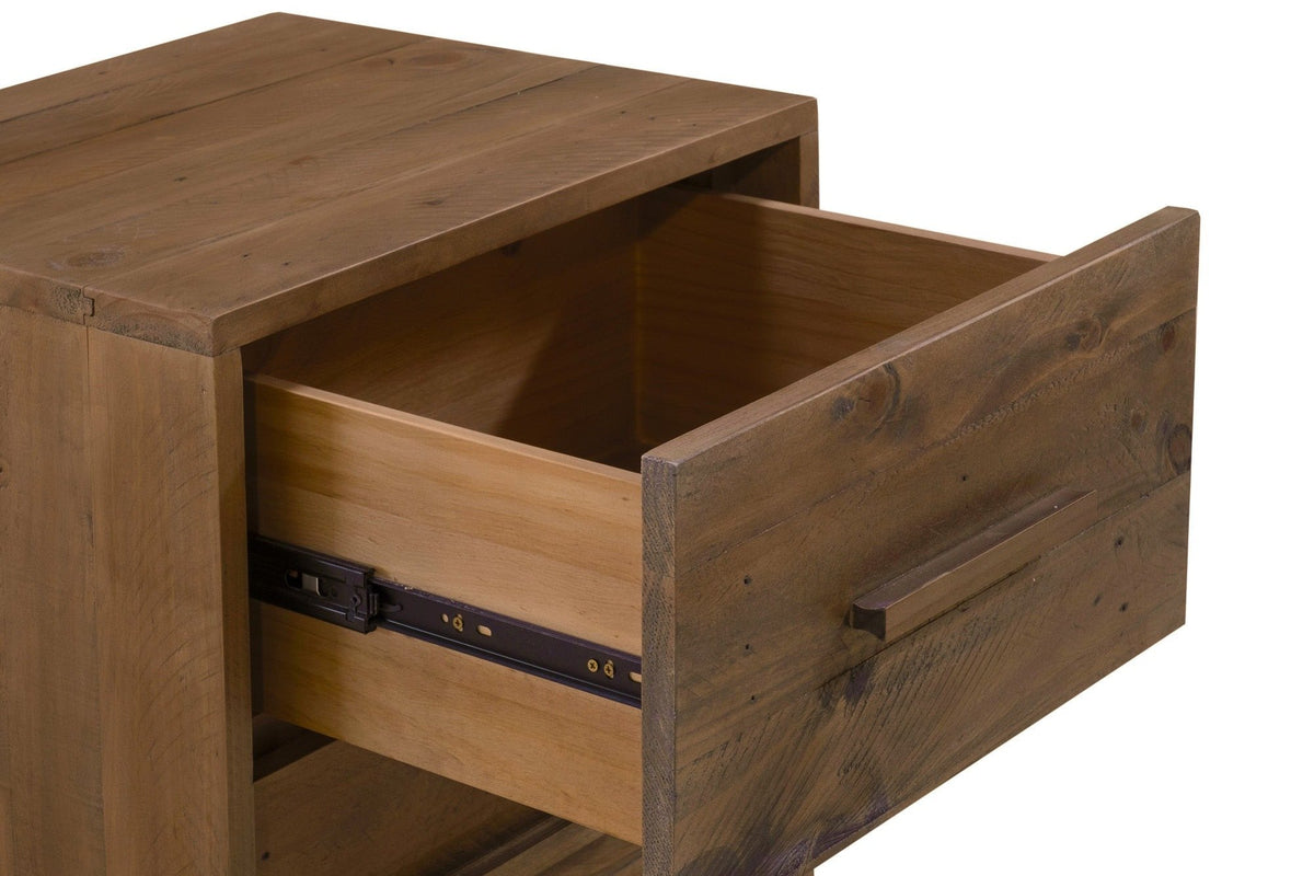 The Cervinia nightstand's top drawer open: a pale wooden drawer box on a metal ball-bearing runner