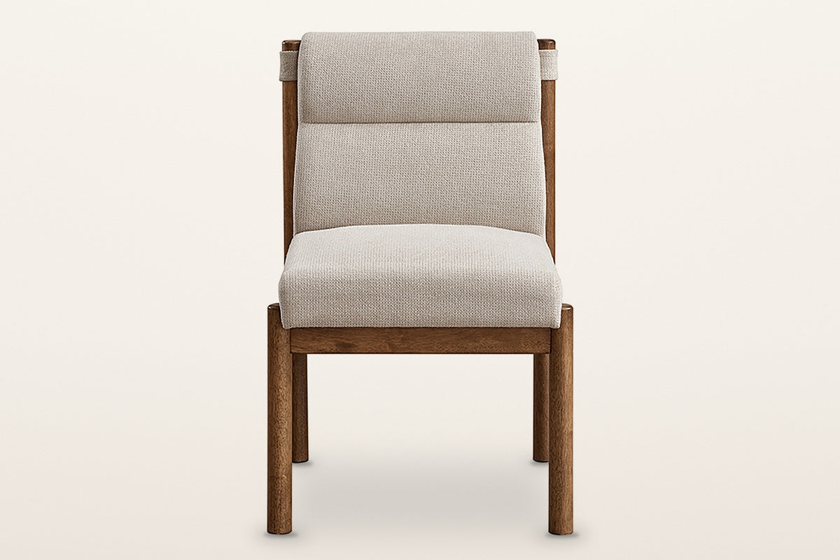 Cervo dining chair, straight front view: a padded back between two round walnut posts, a thick woven seat, four round legs