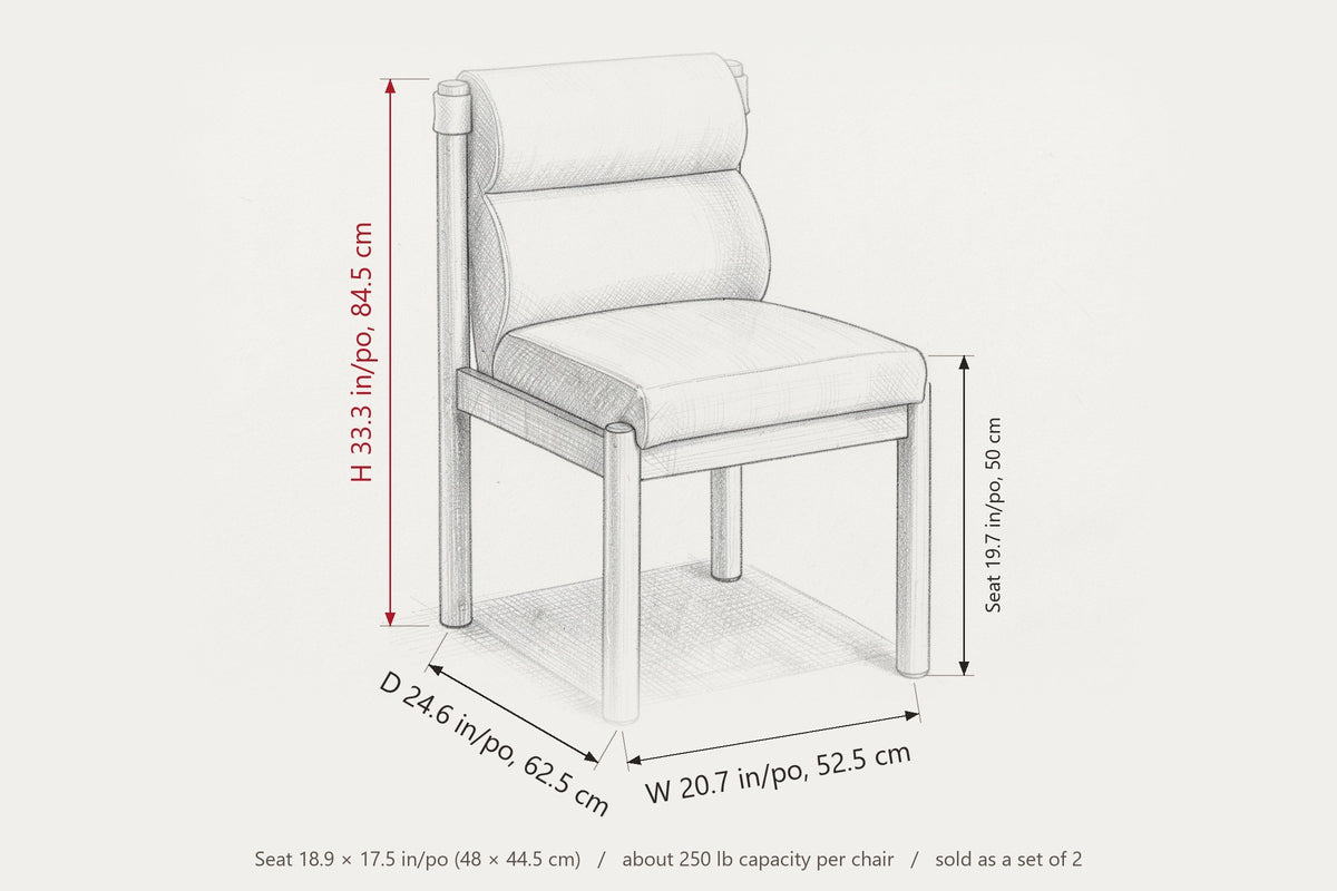 Cervo dimensions on a pencil sketch of the chair: 33.3 in high, 24.6 in deep, 20.7 in wide across the front legs