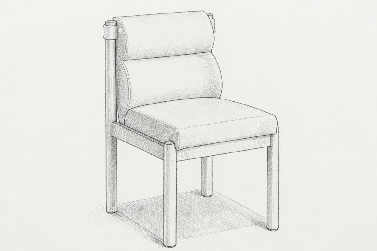 Pencil sketch of the Cervo dining chair, three-quarter view from above