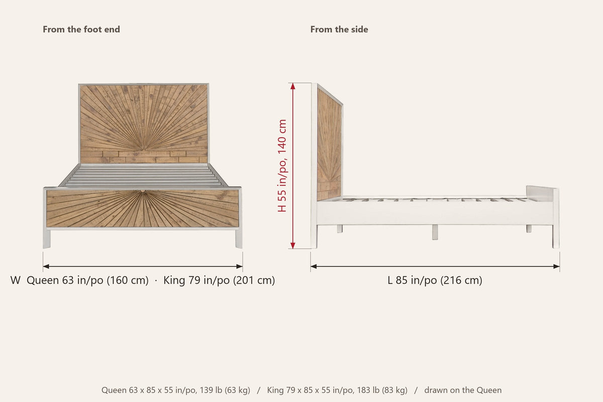 Cesana dimensions: 63 in wide (Queen) or 79 in wide (King), 85 in long, 55 in high, drawn from the foot end and the side