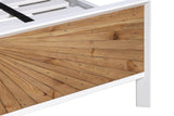 Close-up of a Cesana footboard corner: the pine rays inside the slim white lacquer frame above one square white leg