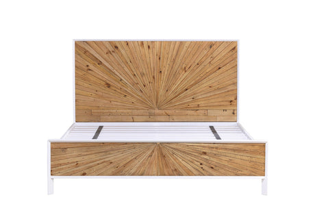 Cesana bed in King size seen from the foot end: the wider pine sunburst headboard and footboard in a white lacquer frame
