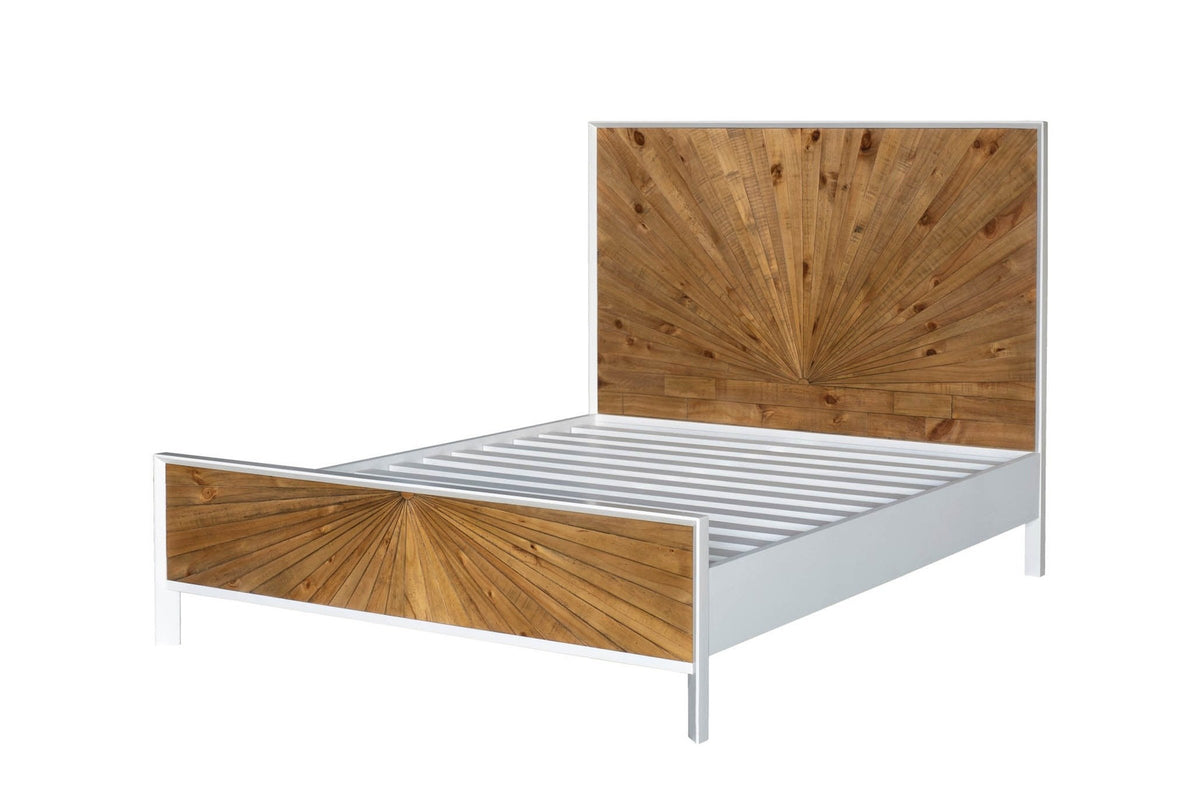 Cesana sunburst panel bed in natural reclaimed pine and white lacquer, three-quarter view of the bare frame and slats on white