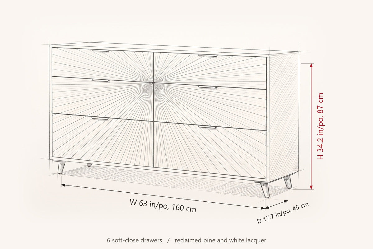 Cesana dresser dimensions: 63 in wide, 17.7 in deep, 34.2 in high