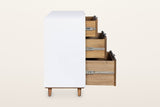 The right end of the Cesana dresser: a plain white lacquer end panel, three drawers pulled out on full-extension metal glides