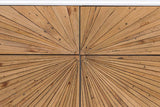 Close-up of the Cesana dresser front: narrow reclaimed pine strips meeting at a small round button split by the drawer gaps