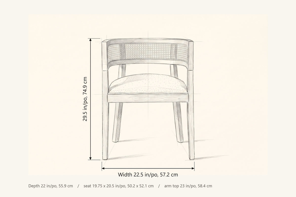 Cesena dining chair dimensions: 22.5 in wide, 22 in deep, 29.5 in high, arm top 23 in, seat 19.75 by 20.5 in