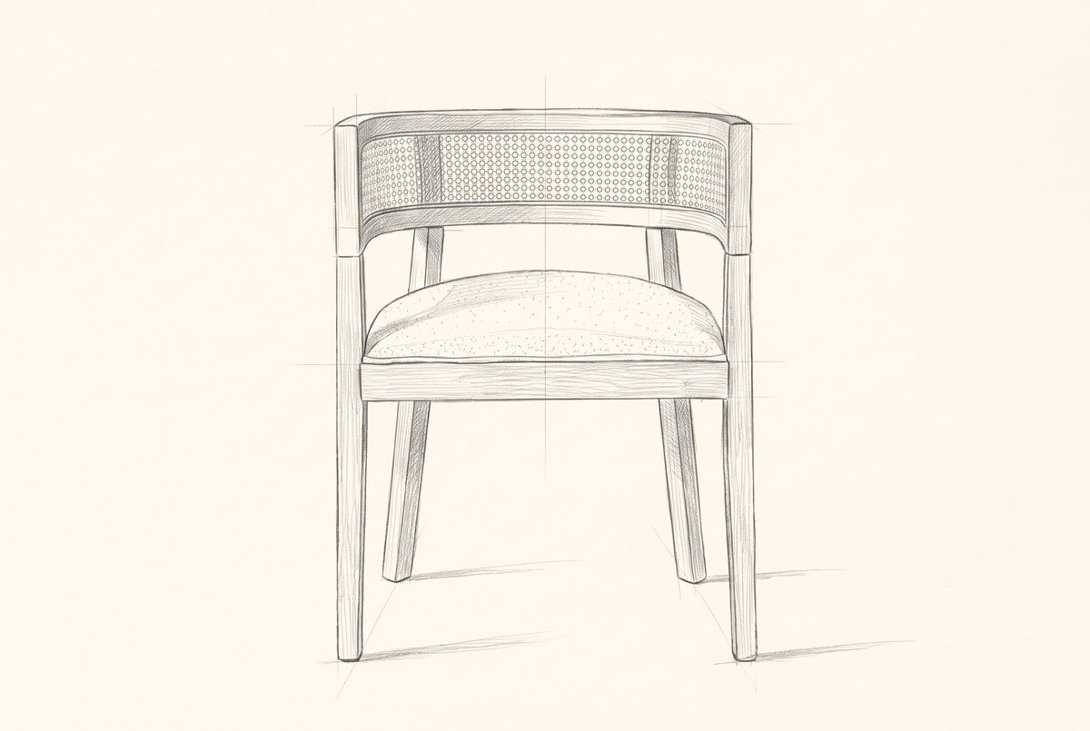 Pencil drawing of the Cesena dining chair, front view
