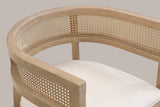 Close-up of the wide curved top rail, the cane-look weave band and the arm of the Natural Ash Cesena chair