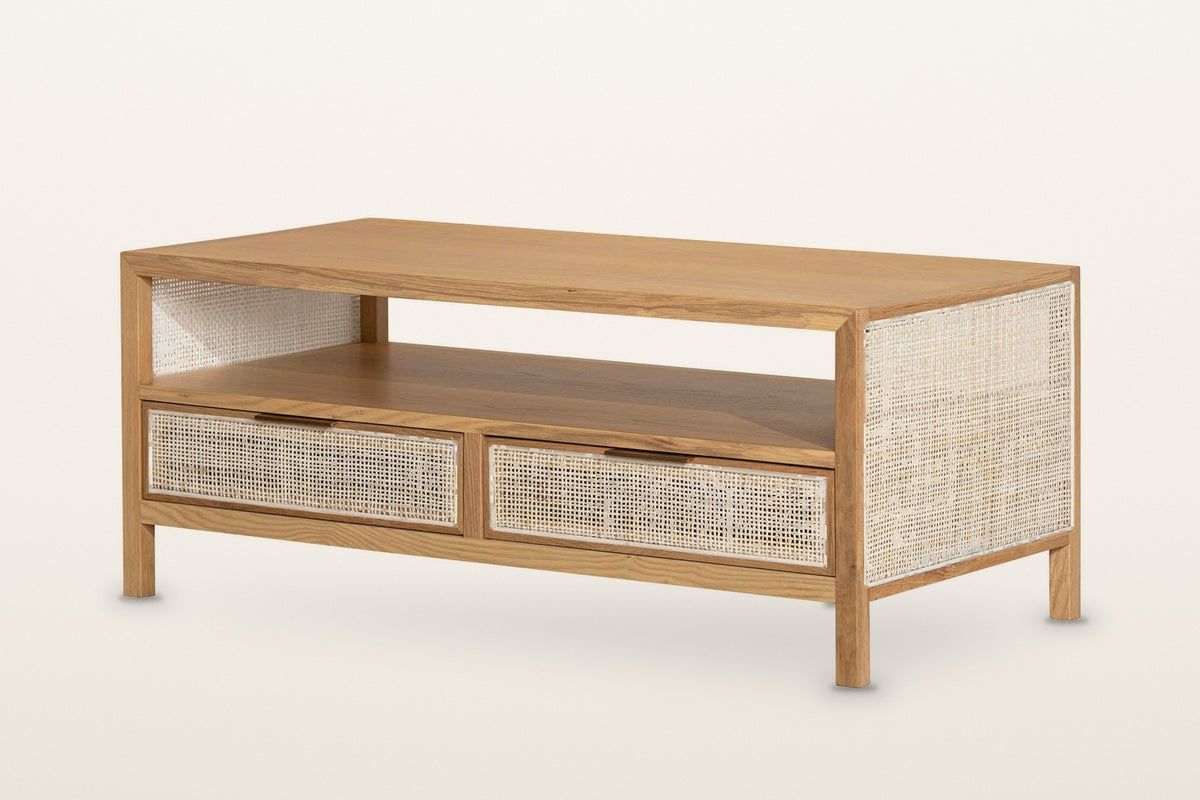 Cetara coffee table in Natural ash with wicker panels