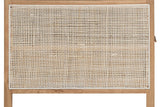 Close-up of the Cetara end panel: an open square weave of pale wicker with an off-white woven border in a natural ash frame