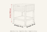 Cetara side table dimensions on a pencil sketch: 20 in wide, 18 in deep, 21 in high