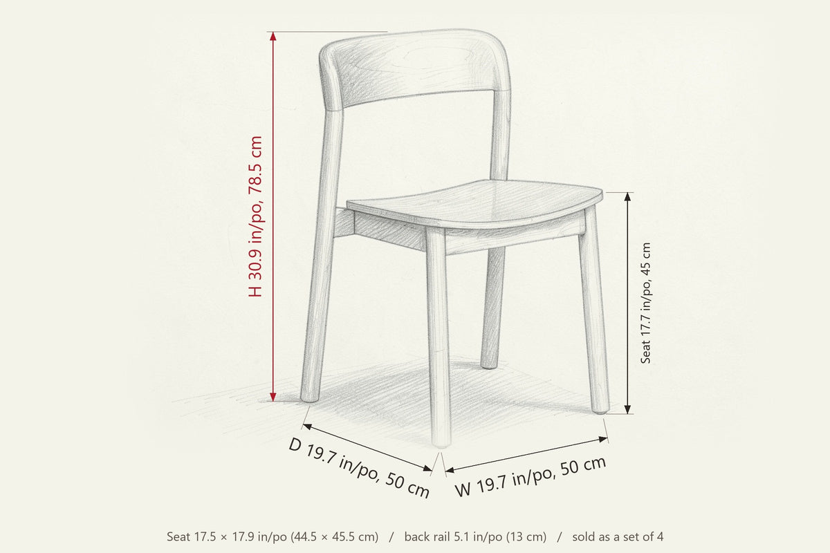 Chiavenna dimensions on a pencil sketch of the chair: 30.9 in high, 19.7 in deep, 19.7 in wide, seat height 17.7 in
