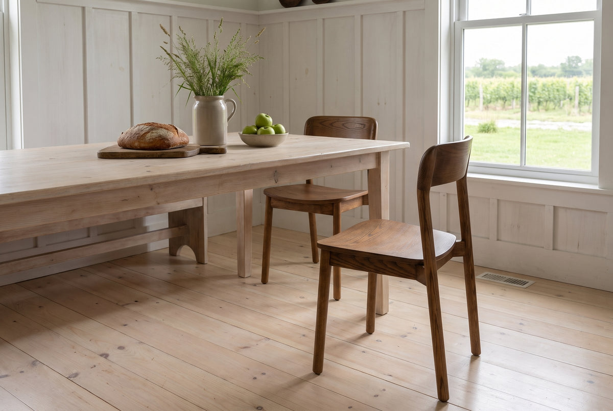 Two Chiavenna dining chairs in walnut by a pale pine farmhouse table in a Prince Edward County kitchen