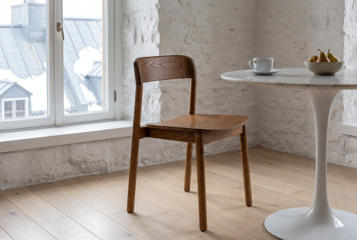 Chiavenna dining chair in walnut beside a round marble bistro table in a Quebec City apartment with a whitewashed stone wall