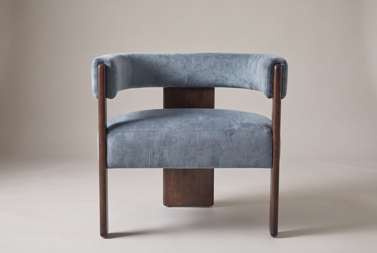 Chioggia velvet accent chair in Blue, straight front view on a studio backdrop
