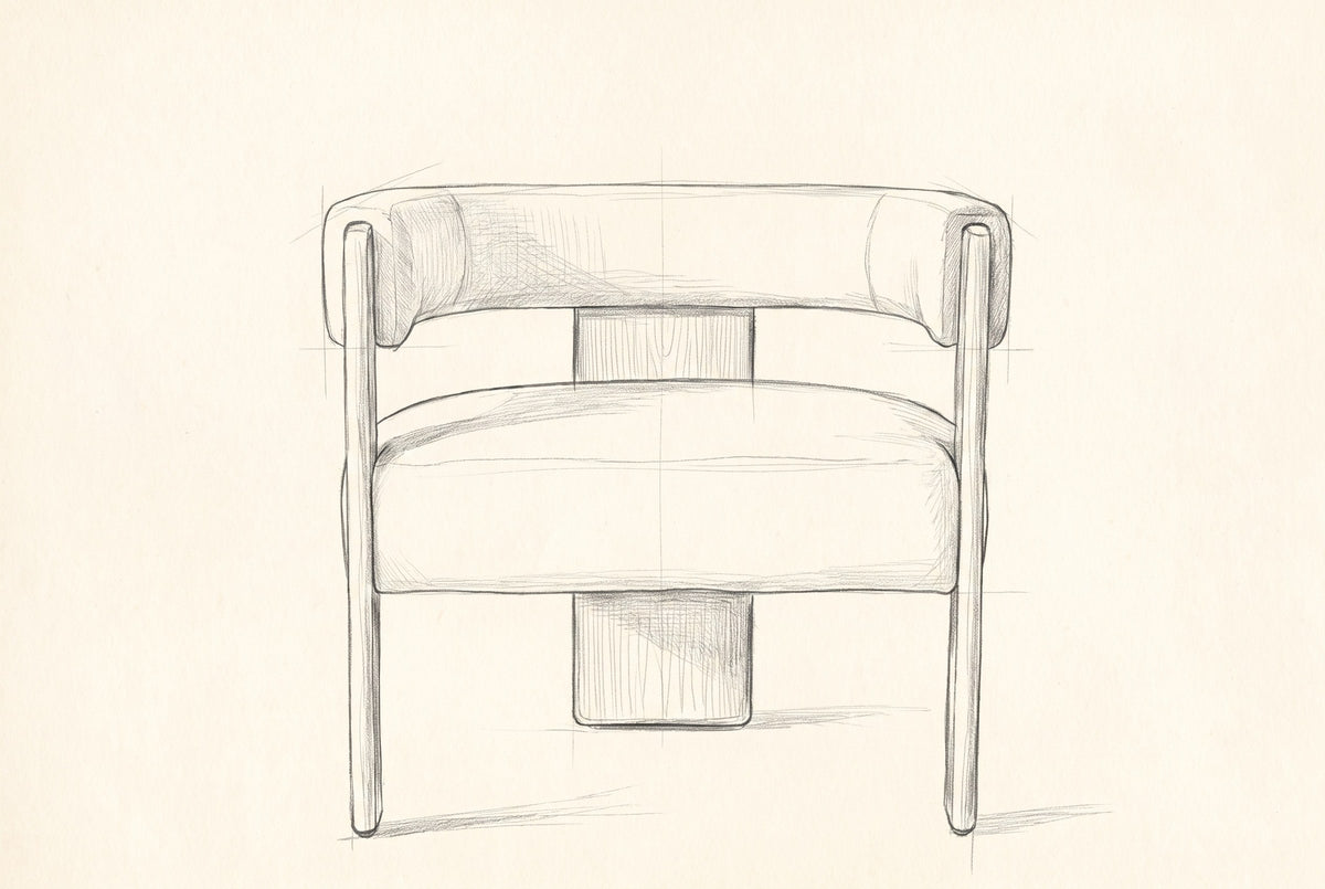 Pencil drawing of the Chioggia accent chair, front view