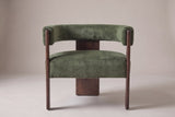 Chioggia velvet accent chair in Olive Green, straight front view on a studio backdrop