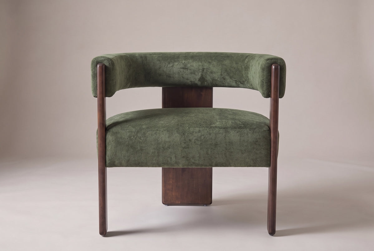 Chioggia velvet accent chair in Olive Green, straight front view on a studio backdrop