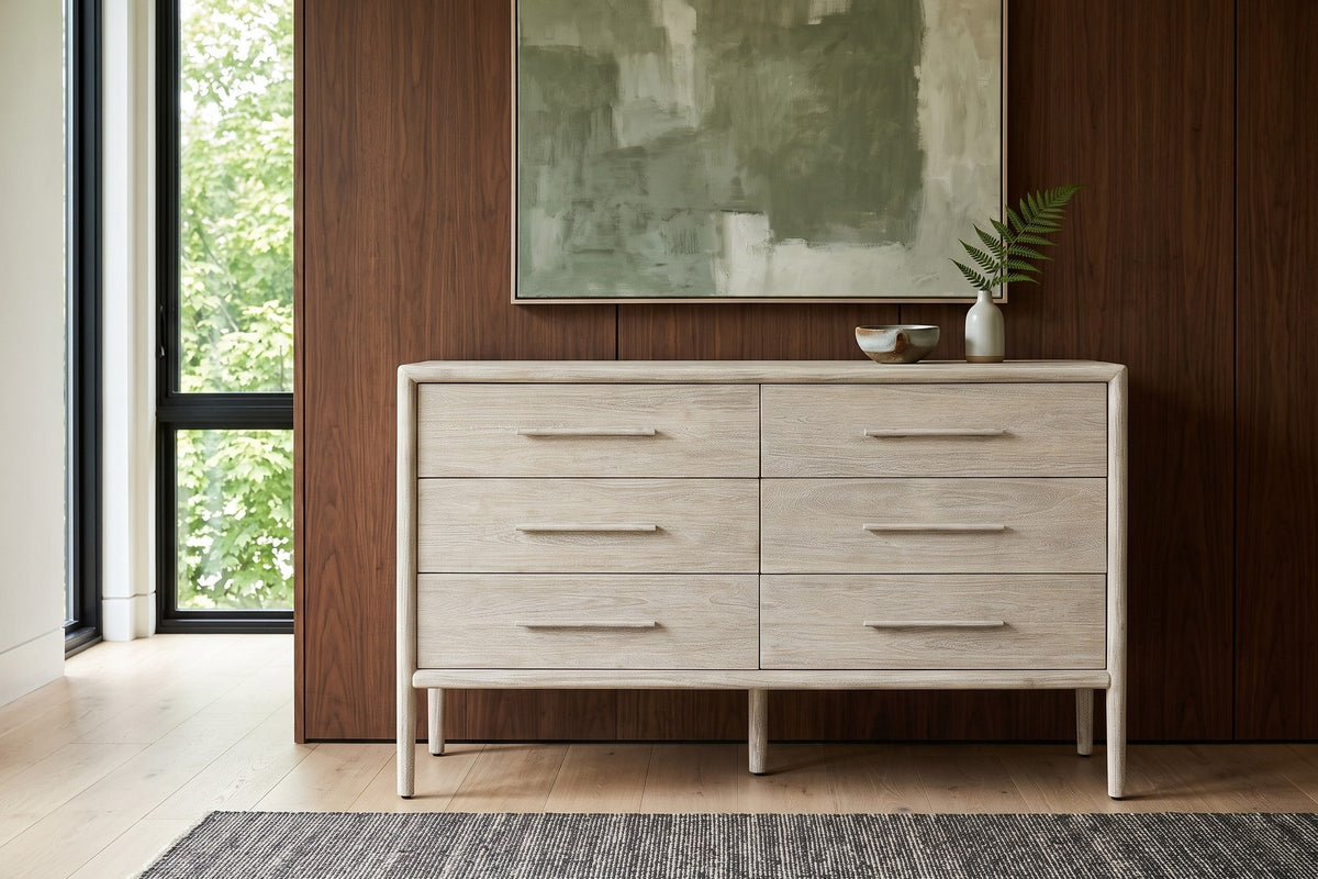 Chiusdino dresser in a pale whitewashed finish, straight front view against walnut panelling in a Rawdon house