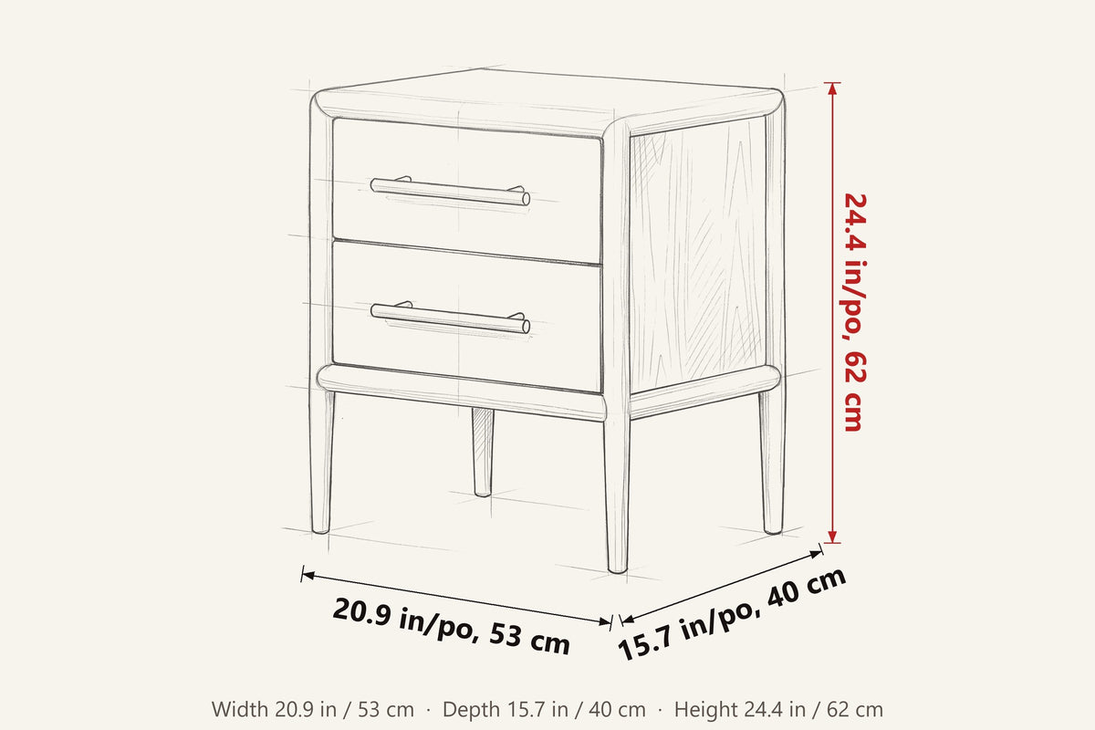 Chiusdino dimensions on a pencil sketch of the nightstand: 20.9 in wide, 15.7 in deep, 24.4 in high