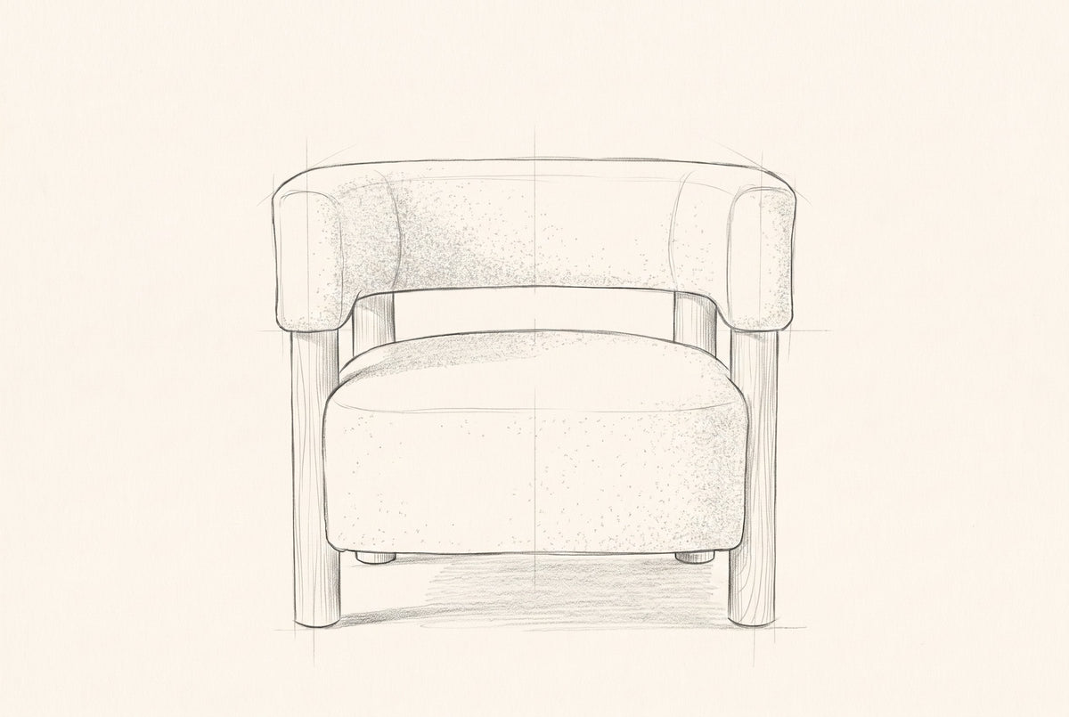 Pencil drawing of the Cingoli chair traced from the front view