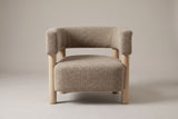 Cingoli chair in Light Camel boucle, straight front view: one curved back-and-arm band on four round wood legs