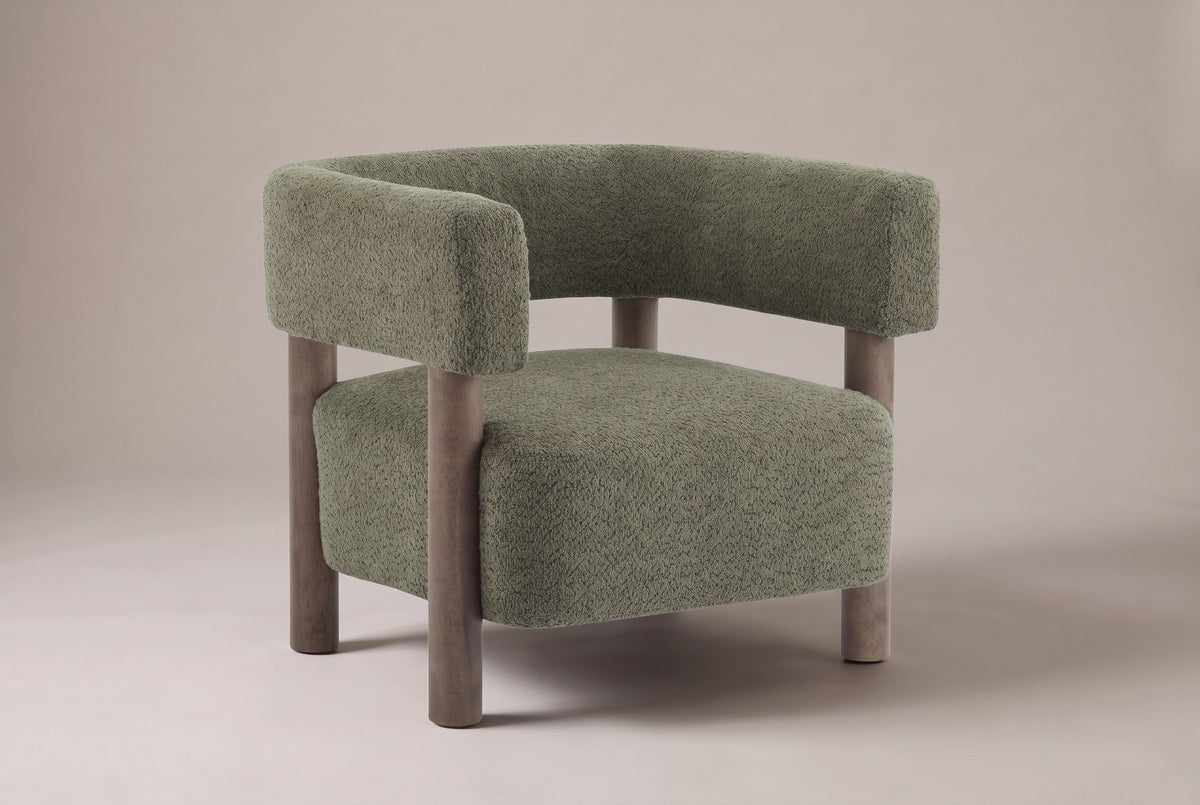 Cingoli boucle accent arm chair in Olive Green with walnut-stained rubberwood legs