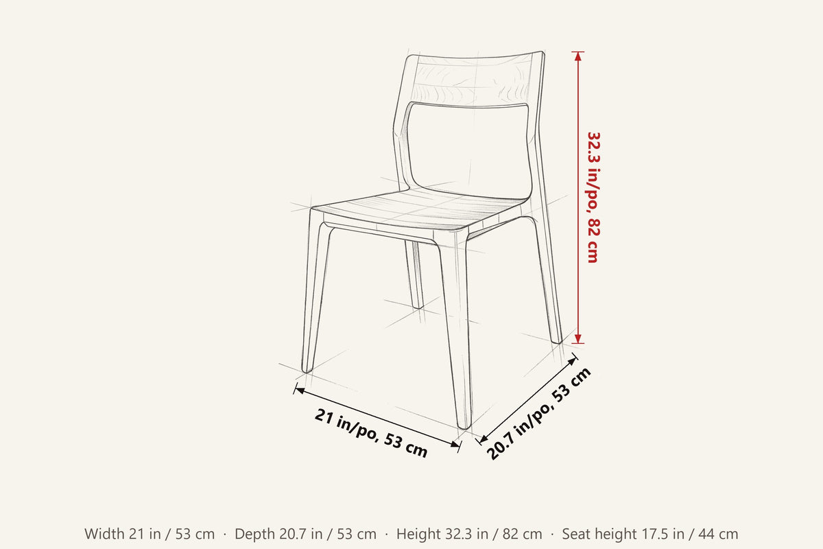 Cison dimensions on a pencil sketch of the chair: 32.3 in high, 21 in wide, 20.7 in deep, seat height 17.5 in