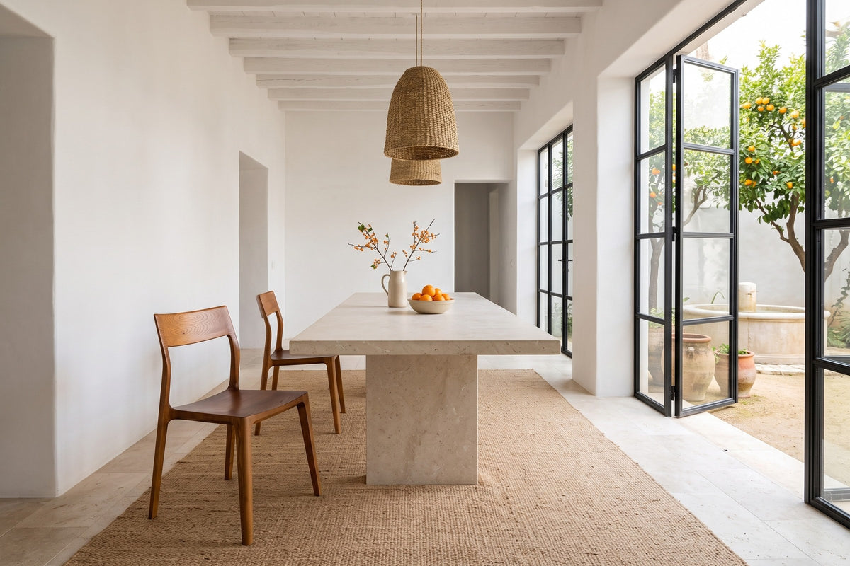 Two Cison dining chairs in Warm Brown at a limestone pedestal table in a Seville courtyard house