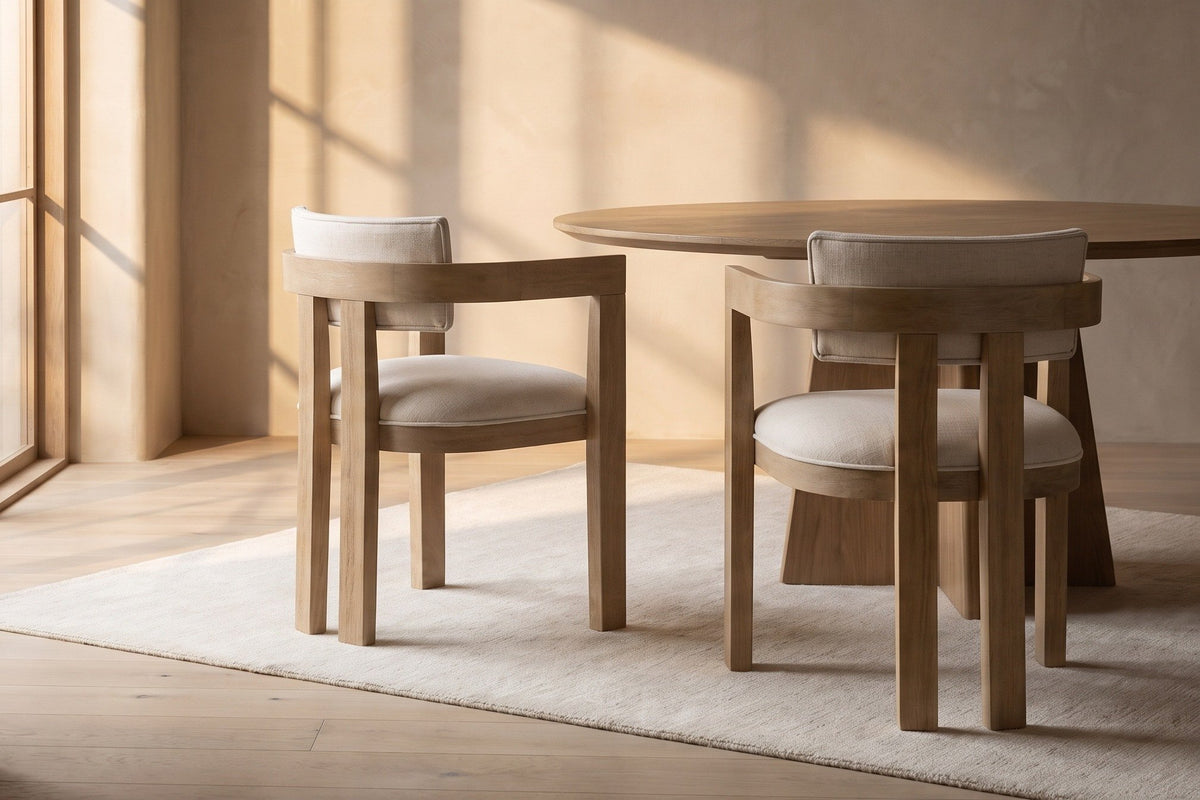 Two Cisternino chairs at a round oak table in a plaster dining room at golden hour