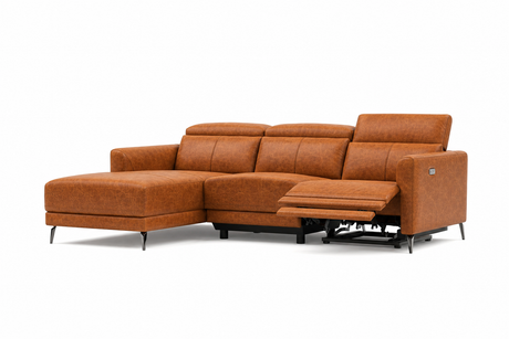 Andria cognac leather power reclining sectional with left-facing chaise and extended footrest on white