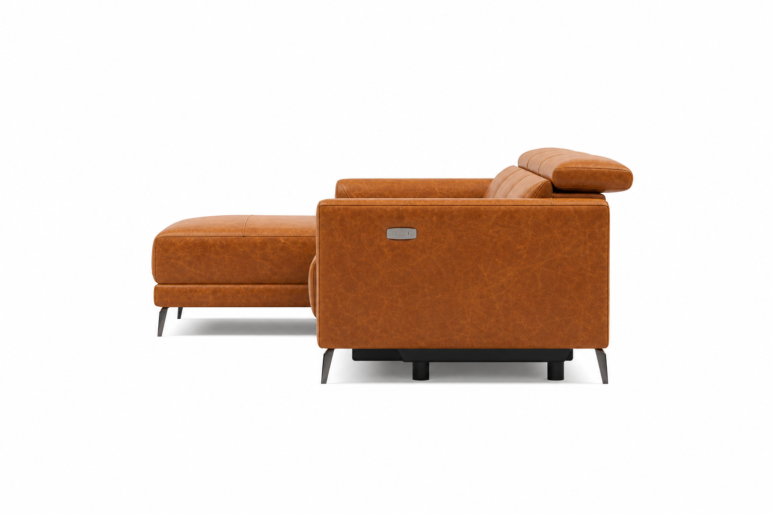 Side view of the Andria cognac leather sectional showing its low profile and power controls