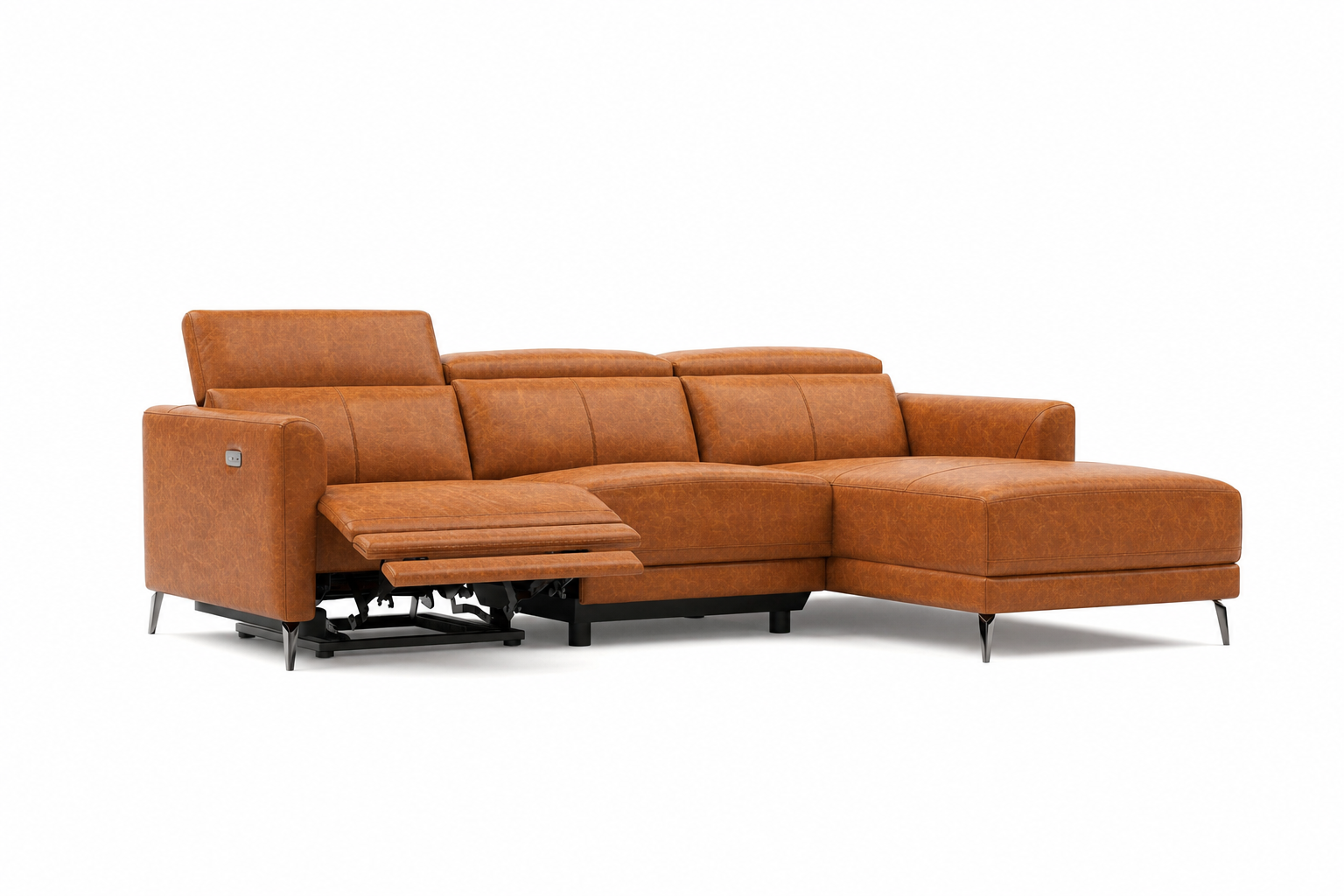 Andria cognac leather sectional with right-facing chaise and power recliner extended on white