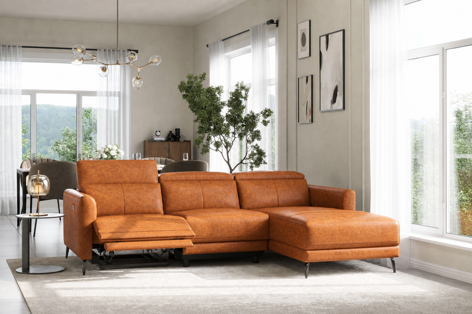 Andria cognac leather sectional with power footrest extended and right-facing chaise