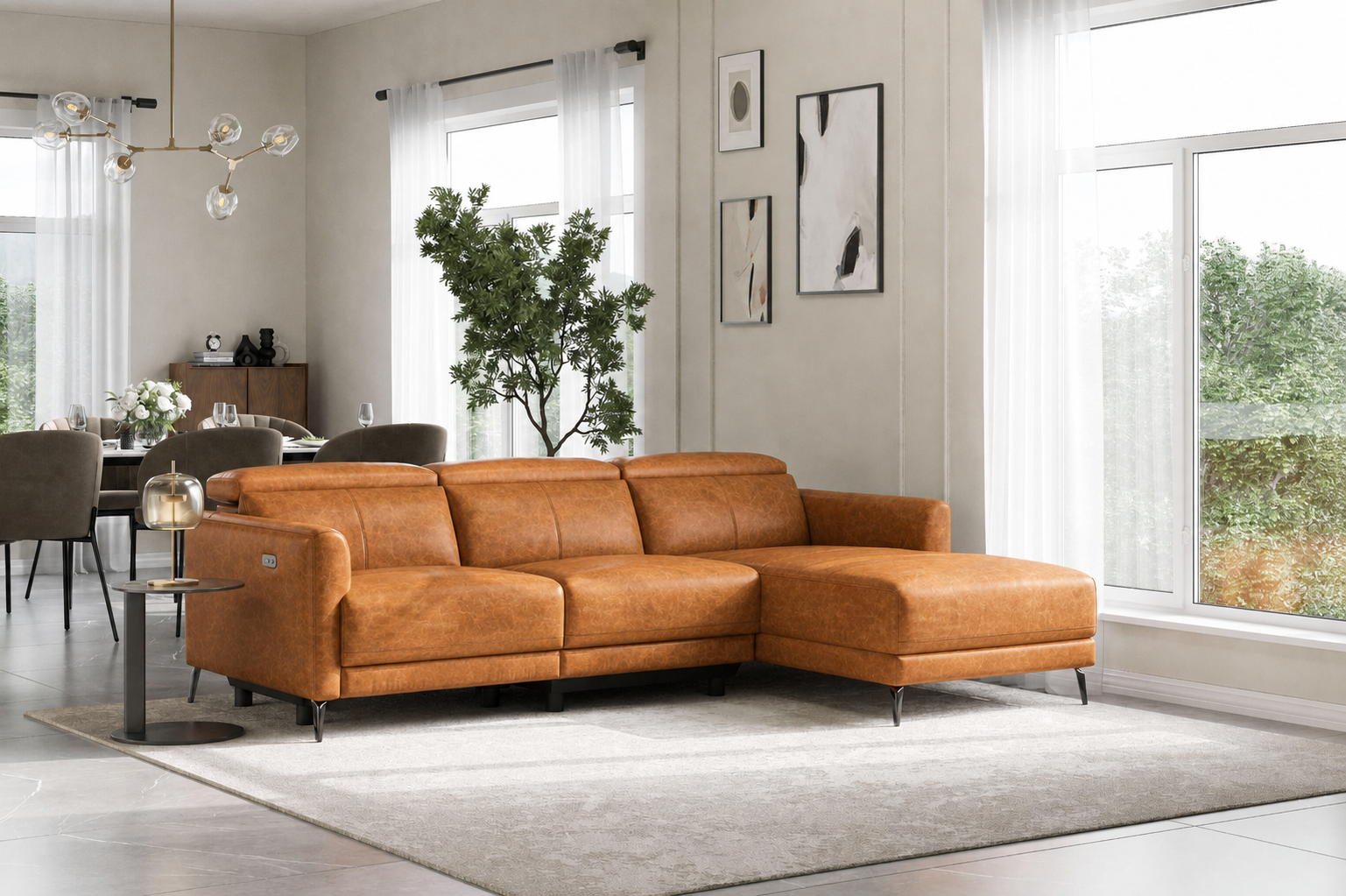 Angled view of the Andria cognac leather right-facing chaise sectional in a bright living room