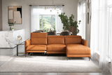 Front view of the Andria cognac leather sectional with right-facing chaise and extended footrest