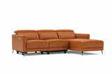 Angled front view of the Andria cognac leather right-facing chaise sectional on white