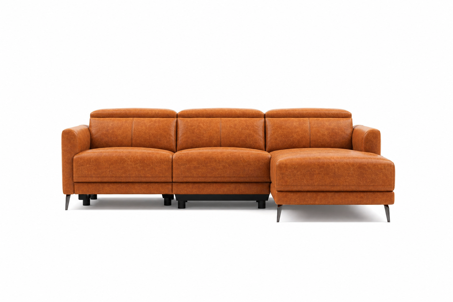 Front view of the Andria cognac leather right-facing chaise sectional on a white background