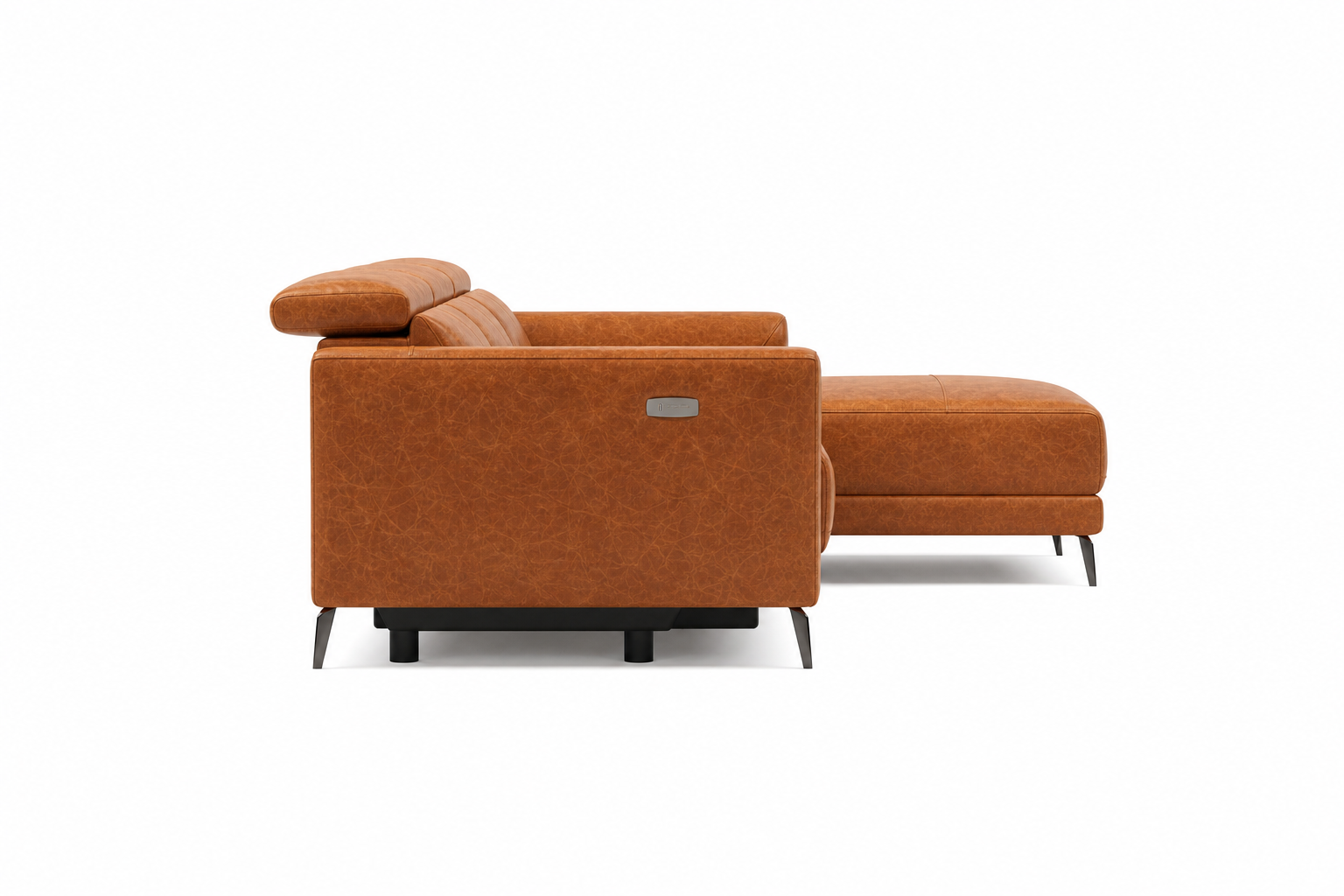 Side view of the Andria cognac leather right-facing chaise sectional with power control panel
