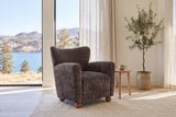 Collodi chair in Dark Brown chenille in a bright Kelowna lake-house living room with an olive tree and a pale oak side table