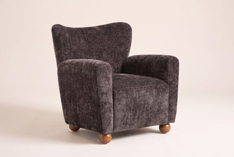 Collodi wingback accent chair in Dark Brown chenille, three-quarter view on a warm off-white backdrop