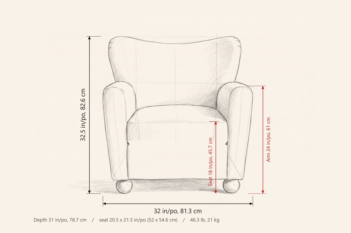 Collodi dimensions: 32 in wide, 31 in deep, 32.5 in high, seat 18 in high, arms 24 in high