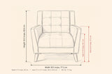 Comacchio armchair dimensions: 30.5 in wide, 31.5 in deep, 32.5 in high, seat 17.75 in high, arms 22.5 in high